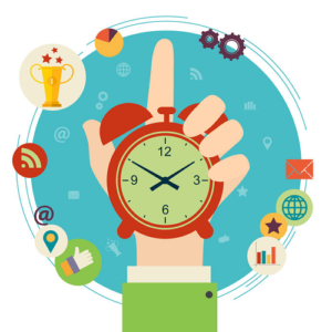image of a hand holding a clock pointing to various daily activities
